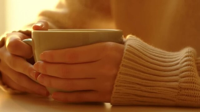 Hands gently wrapped around warm ceramic mug, soft steam, knitted sweater sleeves, warm light, intimate cozy moment. Concept for warmth and comfort