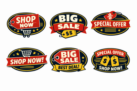 Collection of vintage-style marketing labels and badges for sales and special offers