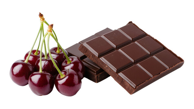Dark Chocolate Bar with Fresh Ripe Red Cherries and Green Stems