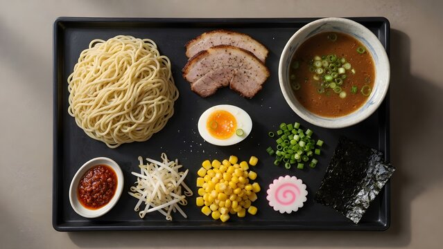 Japanese Tsukemen ramen set on black tray, deconstructed dipping noodles with pork chashu and soft boiled egg, traditional asian soup ingredients