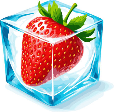 Create a realistic Strawberry frozen in ice cube vector art with white background..