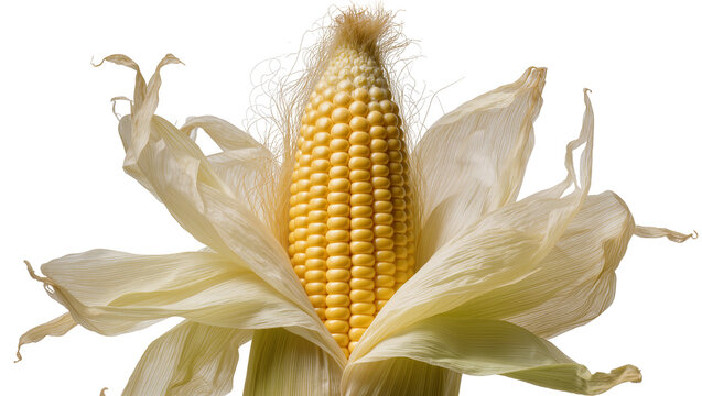 Golden ripe ear of corn with silky tassel and husks