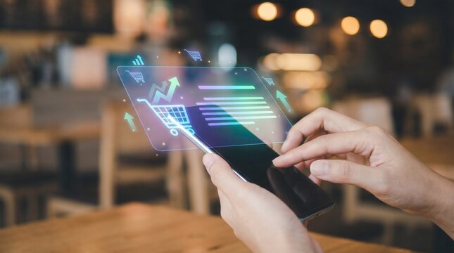 A person's hands interacting with a smartphone displaying a holographic e-commerce interface with a shopping cart and data trends, symbolizing online shopping and digital business.