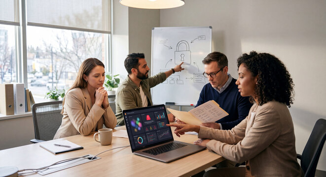 Small business team reviewing cybersecurity risks in an office meeting