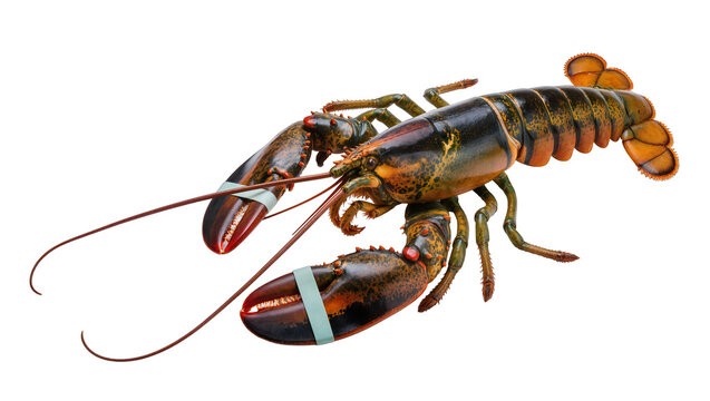 American lobster with blue rubber band on claw, side view