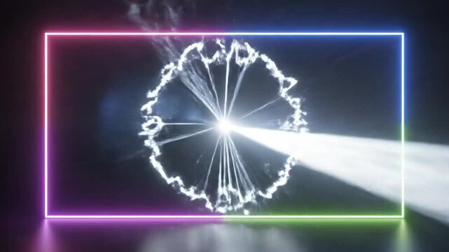 Abstract futuristic neon light show with particle effects radiating from a single point inside a rectangular frame on black background.