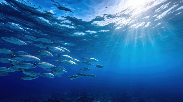 School of silver fish swimming underwater with sunlight filtering through the surface, creating a serene oceanic scene in a vibrant blue environment