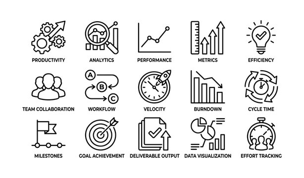 Set of productivity and project management icons on white background