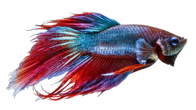 Vibrant red blue Siamese fighting fish with flowing fins