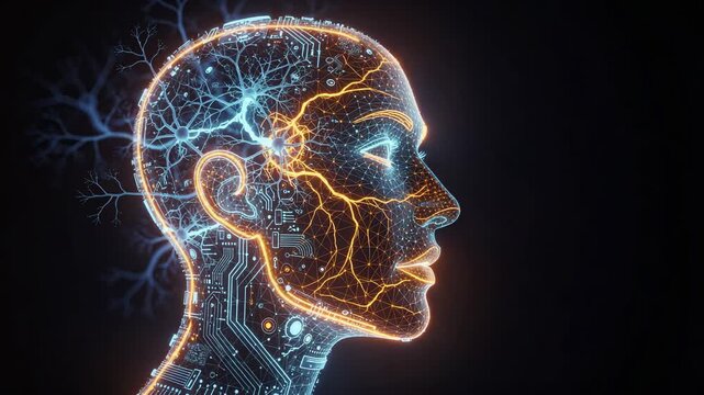 Futuristic human head glowing with neural networks and digital circuitry in vibrant orange and blue energy