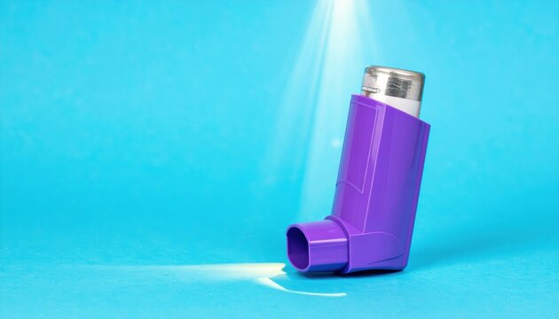 Purple asthma inhaler device with aluminum canister positioned on a bright blue background. This medical equipment is essential for respiratory health and managing chronic lung conditions effectively.
