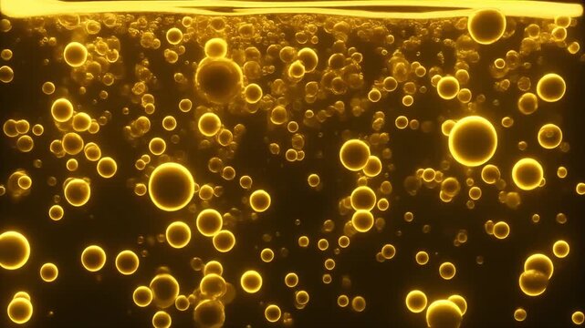 液体の中を上昇する透明な金のバブル。ラグジュアリーな美しさや成功、活性化のイメージ動画