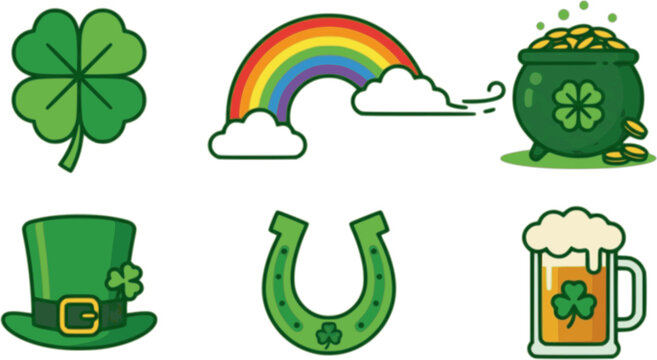Flat vector St. Patrick's Day set. Four-leaf clover, rainbow, pot of gold, leprechaun hat, horseshoe, beer mug. Green palette on white background.