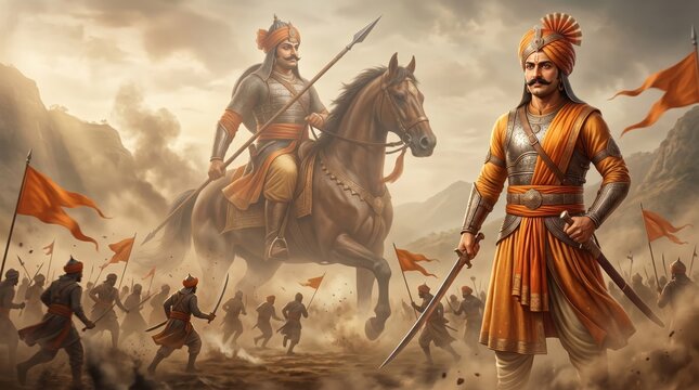 Indian rajput warrior king maharana pratap leading his army into a fierce historical battle on horseback
