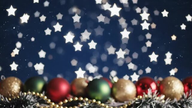 Festive holiday season background of shimmering stars with Christmas ornaments and tinsel on a dark blue backdrop