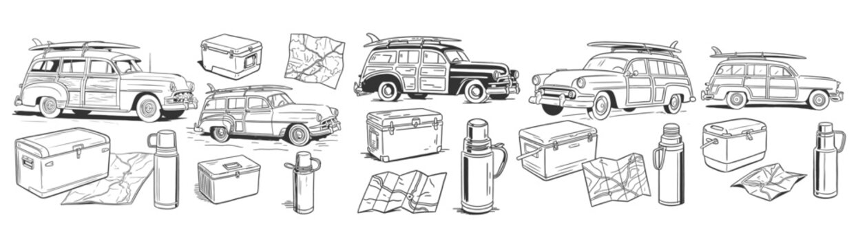 Classic surf car travel accessories set with vintage station wagon cooler and thermos flask
