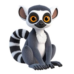 Fototapeta premium 3D cartoon lemur with striped tail, big yellow eyes, sitting position with soft grey fur.