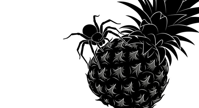 Spider crawling on textured pineapple fruit in black and white