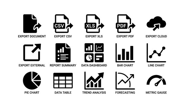 Data export and visualization icons on white background