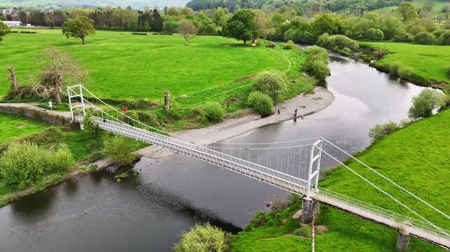 Aerial View of Pont Gower Suspension Bridge over the River Conwy, North Wales
