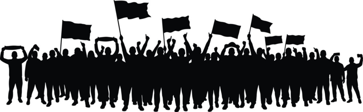 protest crowd silhouette with flags, people group rally, sports fans cheering, revolution vector