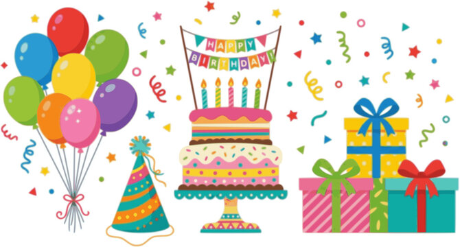 Flat vector birthday party set. Colorful balloons, birthday cake with candles, confetti, party hat, gift boxes. Festive on white background.