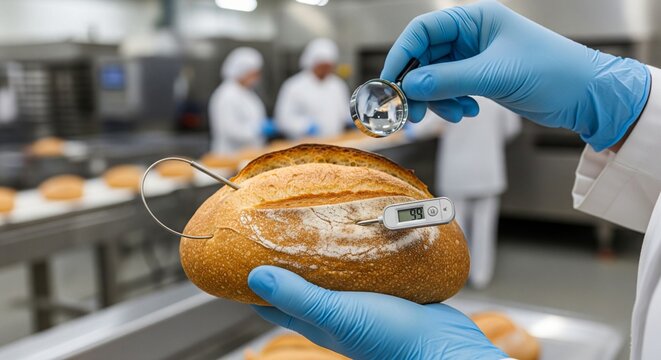 Food quality control testing baker holding loaf of bread with thermometer and magnifying glass