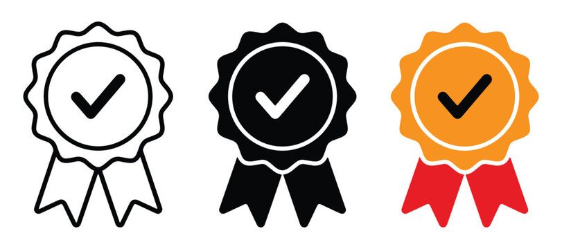 Set of three award ribbon badge icons with check mark symbol for quality and achievement approval