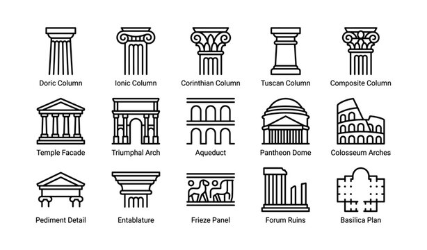 Classical column and architecture icons showing orders on white