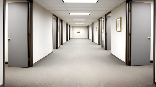 circumlocution. Endless corridor of identical gray office doors with numbered plaques, symmetrical perspective. real-estate listings.