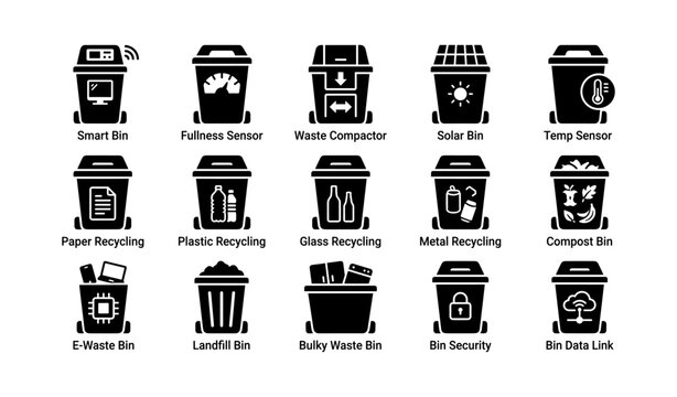 Smart recycling and waste bin icons on white background