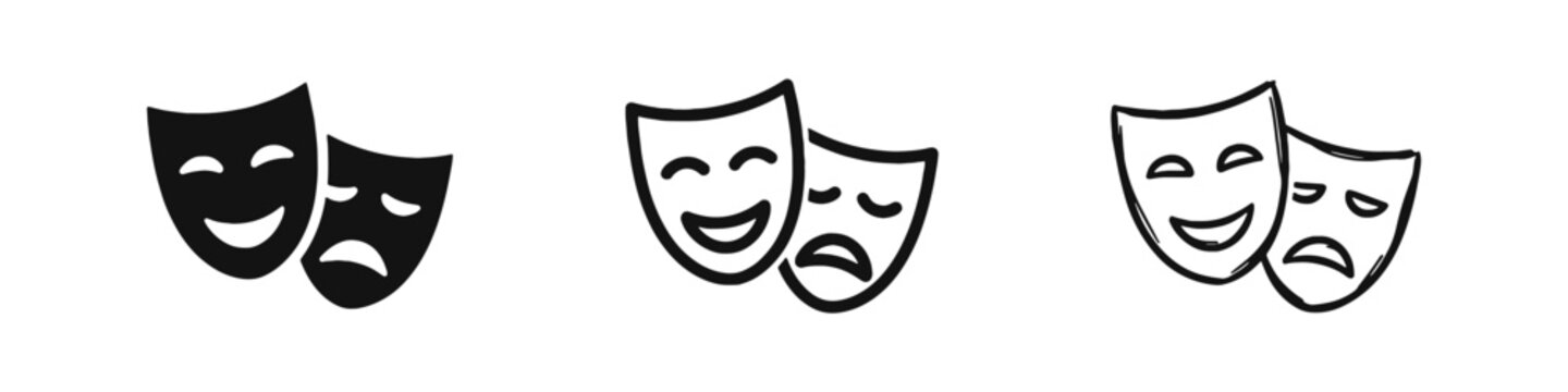 Comedy and Tragedy Theater Mask Icons, Drama and Entertainment Performance Arts Vector