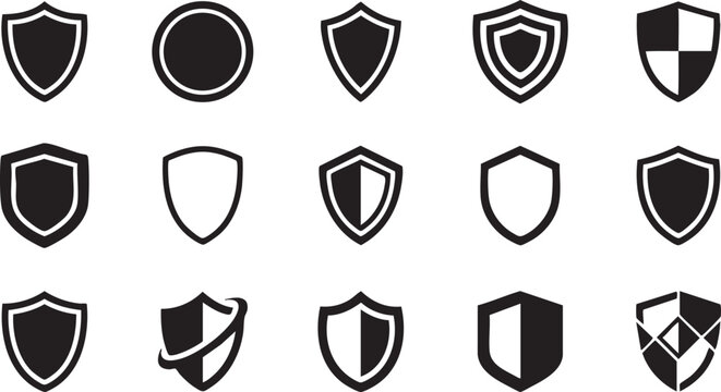 Set of security shield icons and protection symbols for data privacy and safety branding.