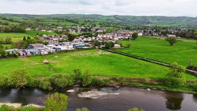 Aerial View of Pont Gower Suspension Bridge over the River Conwy, North Wales