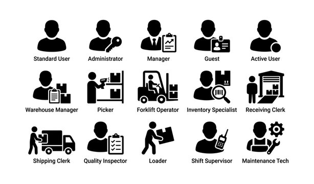 User roles and warehouse staff icons displayed on white background
