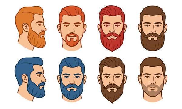 Men beard styles vector icons set with diverse hair colors