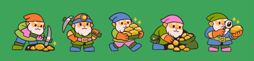 Fototapeta premium Gnome Miners in various poses. Cute gnomes with pickaxe, helmet, gold nuggets, sack, magnifying glass. Hand drawn Vector illustration. Isolated design elements. Treasure mine, mobile game concept