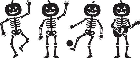 Naklejka premium Halloween Skeleton Pumpkin Characters Set Silhouette