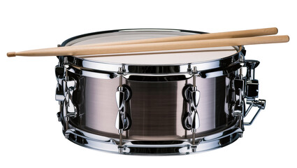 Obraz premium Shiny metallic snare drum with two wooden drumsticks