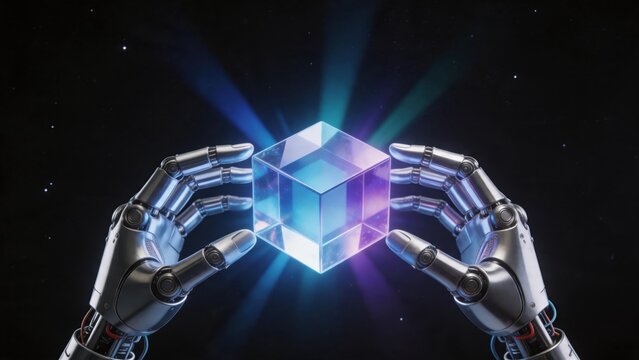 Robot hands holding glowing cube