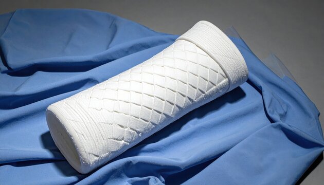 White orthopedic cast material roll with textured fiberglass weave pattern resting on folded blue cloth, horizontal studio composition for medical healthcare professionals and surgical supplies.