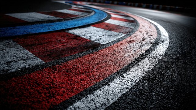 Racing track features a sharp asphalt curve marked with red and white striped rumble strips.