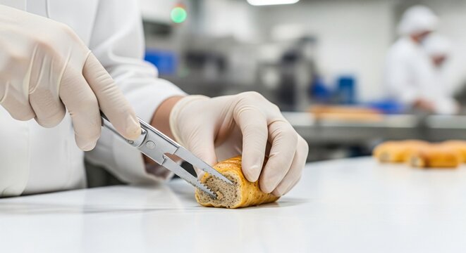 Food technician wearing gloves uses tongs to inspect a processed meat product in a sterile production environment