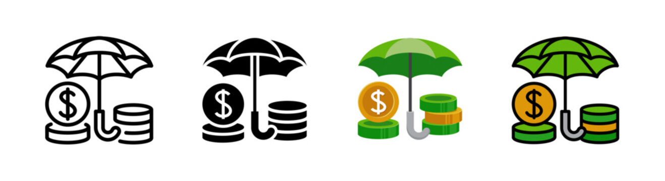 Money protection icon, umbrella covering money or cash. Icon set of 4 style variation.