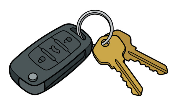 Car remote fob and house keys on metal ring illustration