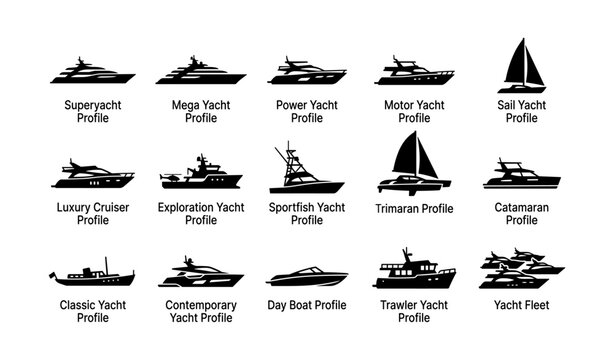 Collection of yacht and boat profile icons arranged on white