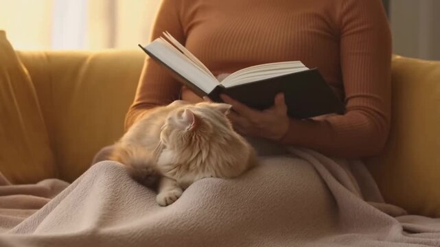 Cat curled up sleeping on person's lap while person reads book, soft blanket, afternoon light, pet therapy relaxation. Concept for comfort and companionship