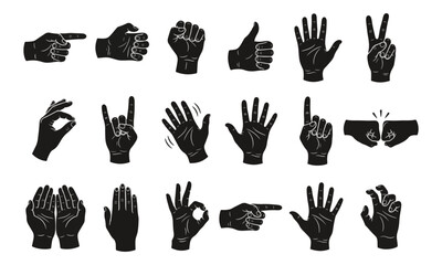 Fototapeta premium Hand Gesture Silhouette Icons Vector Collection on White