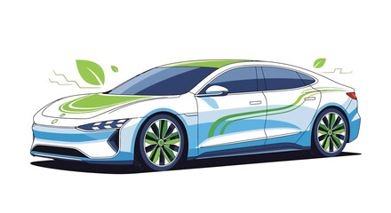 Naklejka premium Modern Electric Sedan with Eco Friendly Green Leaf Theme