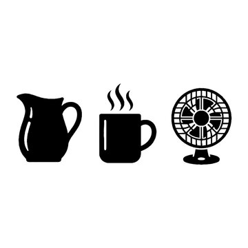 Black icons of jug mug fan.